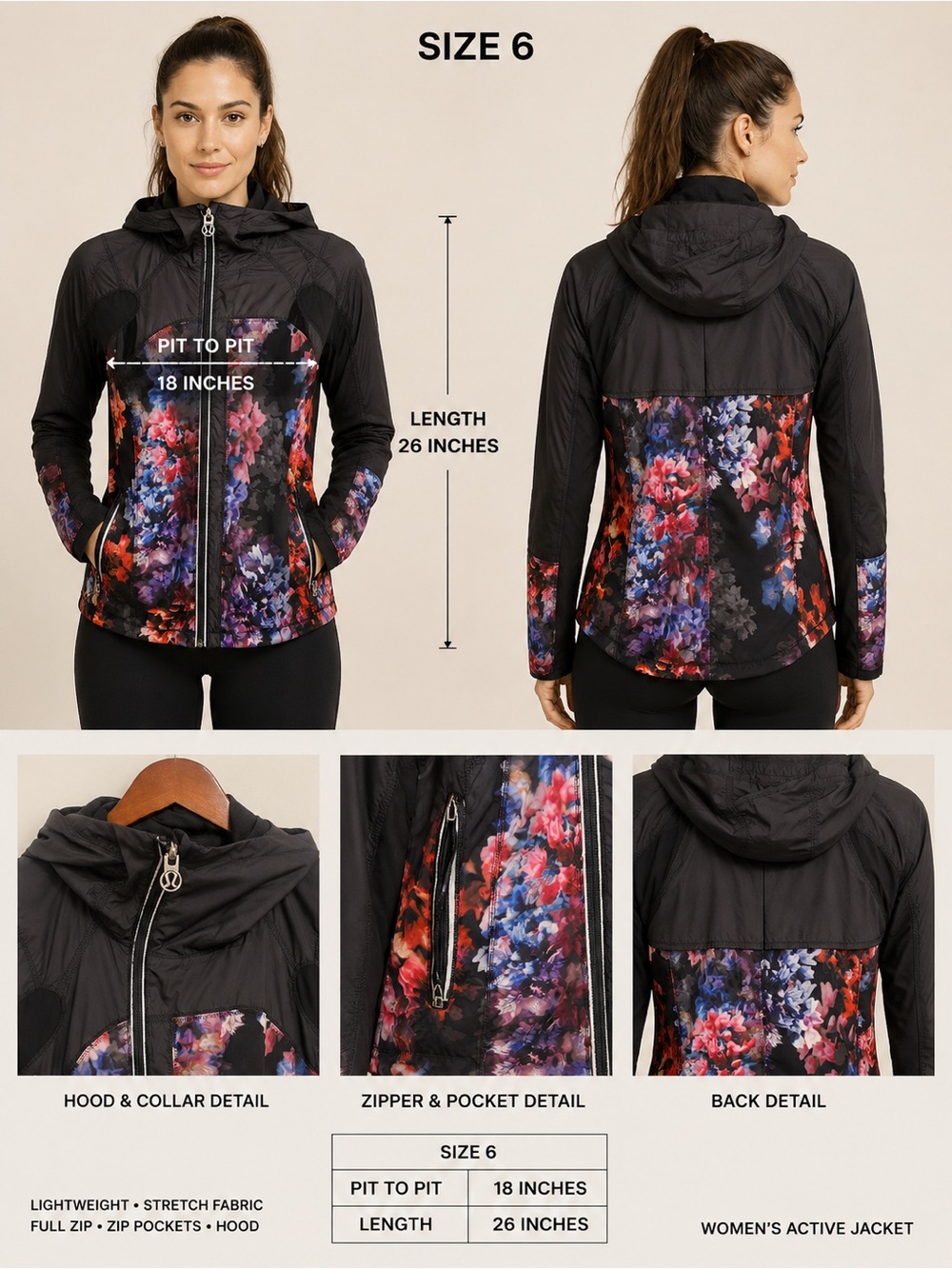 lululemon athletica Black Hooded Jacket with Multicolor Floral Panels